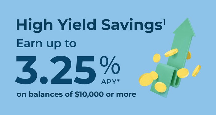 High Yield Savings rate and graphic with green arrow and gold coins