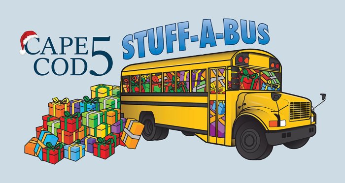 Stuff-A-Bus graphic with school bus, presents and Cape Cod 5 logo