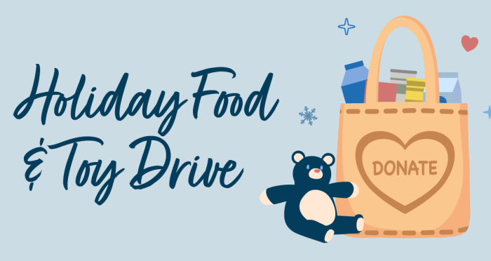 Holiday Food & Toy Drive logo with grocery bag and childrens toys